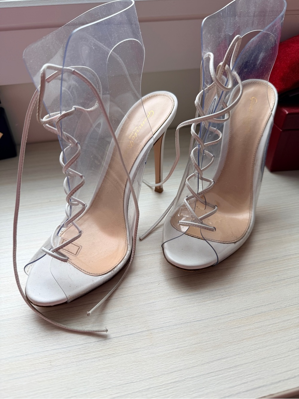 Clear PVC Lace-Up Stiletto Sandals in white